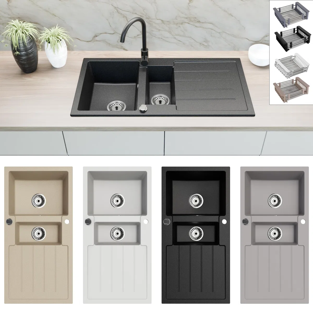 Faizee Home | Granitspüle 100x50 cm – Beidseitig montierbar & kratzfest | Inkl. Spülkorb & Siphon-Set | Hochwertige Küchenspüle aus Granit für modernes Küchendesign (Schwarz, Mit Armatur & Spülkorb)