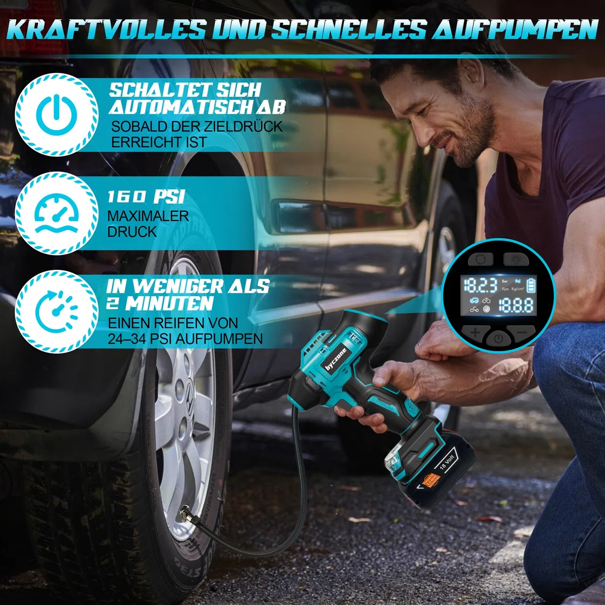 Akku Kompressor für BOSCH 18V Akku, 11bar Autoreifen Luftpumpe,160 PSI Tragbare mit Abschalautomatik und Manometer Luftkompressor Motorrad, Fahrrad