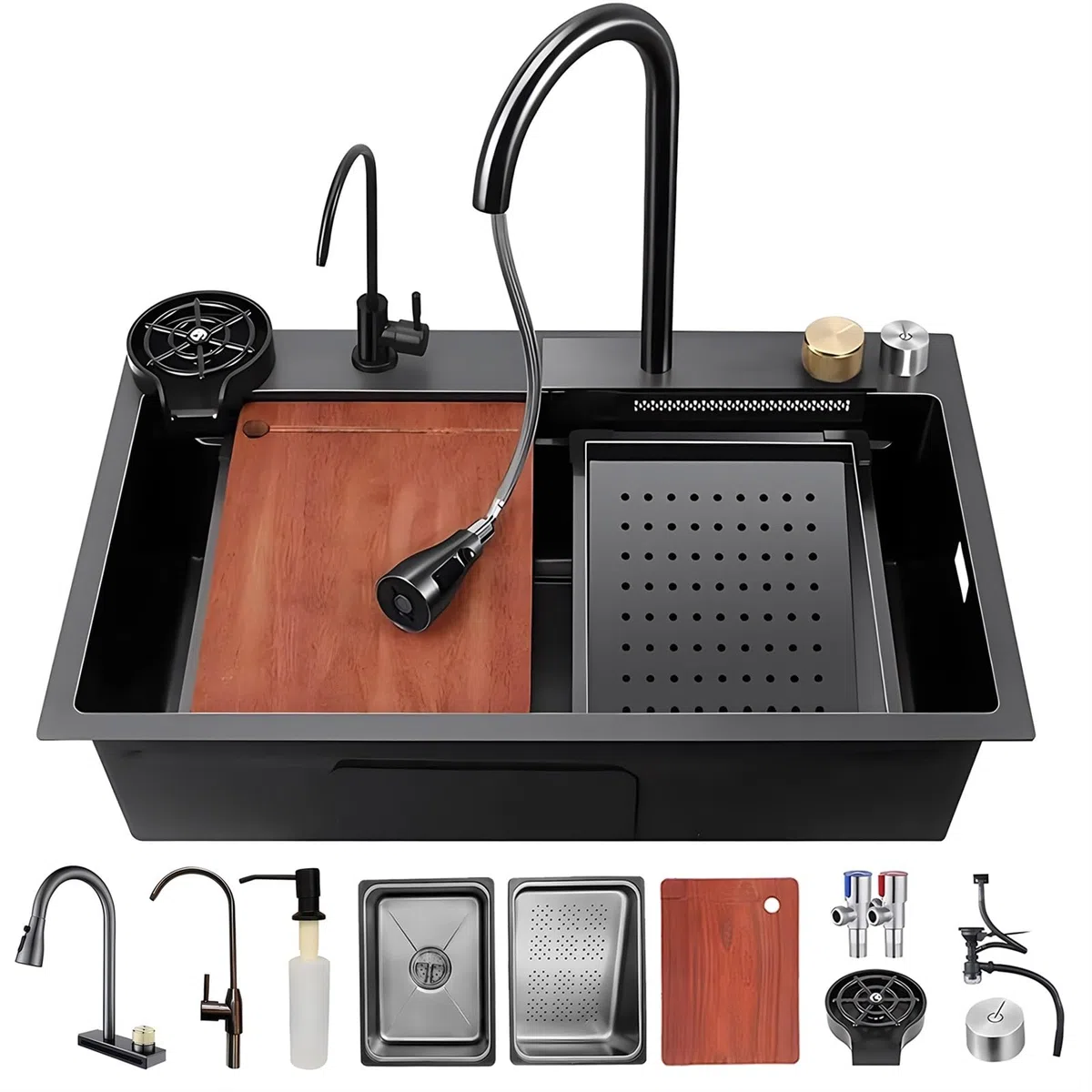 85x45cm Multifunktionale Edelstahl Küchenspüle, Tiefes Wasserfall Barspüle, Display-Spülen-Set Für Den Rechteck Für Den Hausgebrauch, Gläserspüler und Abflusskörbe