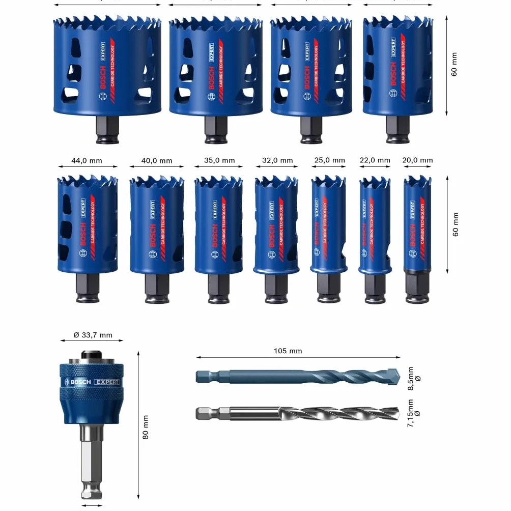 Bosch 11x EXPERT Tough Material Lochsäge Set (für Holz mit Metall, Ziegelstein, Ø 20-76 mm, Professional Zubehör Bohrmaschine/Schrauber)