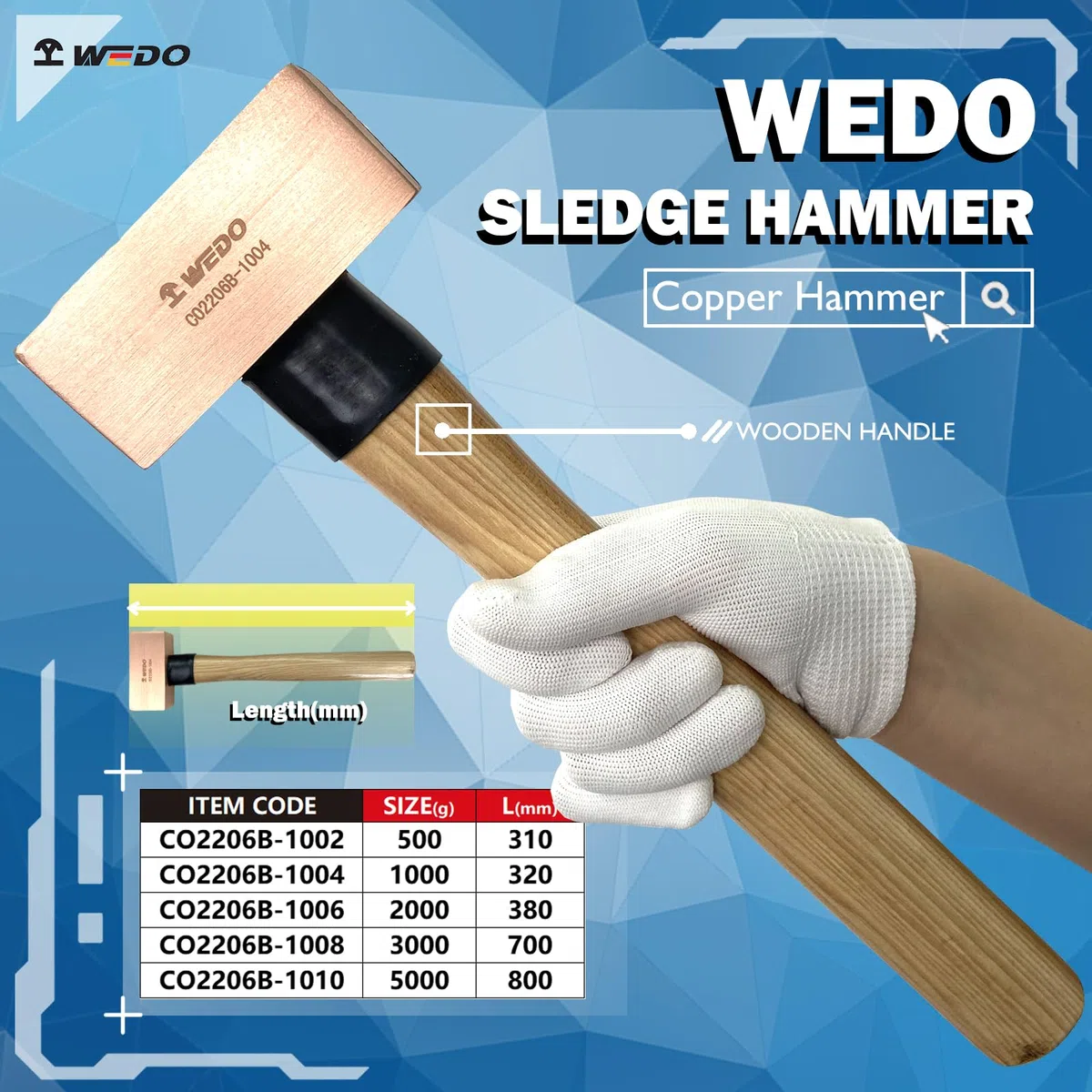 WEDO Kupferhammer,Schlosser-Hammer mit Holzgriff,500g Kupfer Fäustel,Länge 300mm,Trockenbauhammer,Stemmhammer,Abbruchhammer,Robuster Stiel,langlebig,Korrosionsschutz Vorschlaghammer
