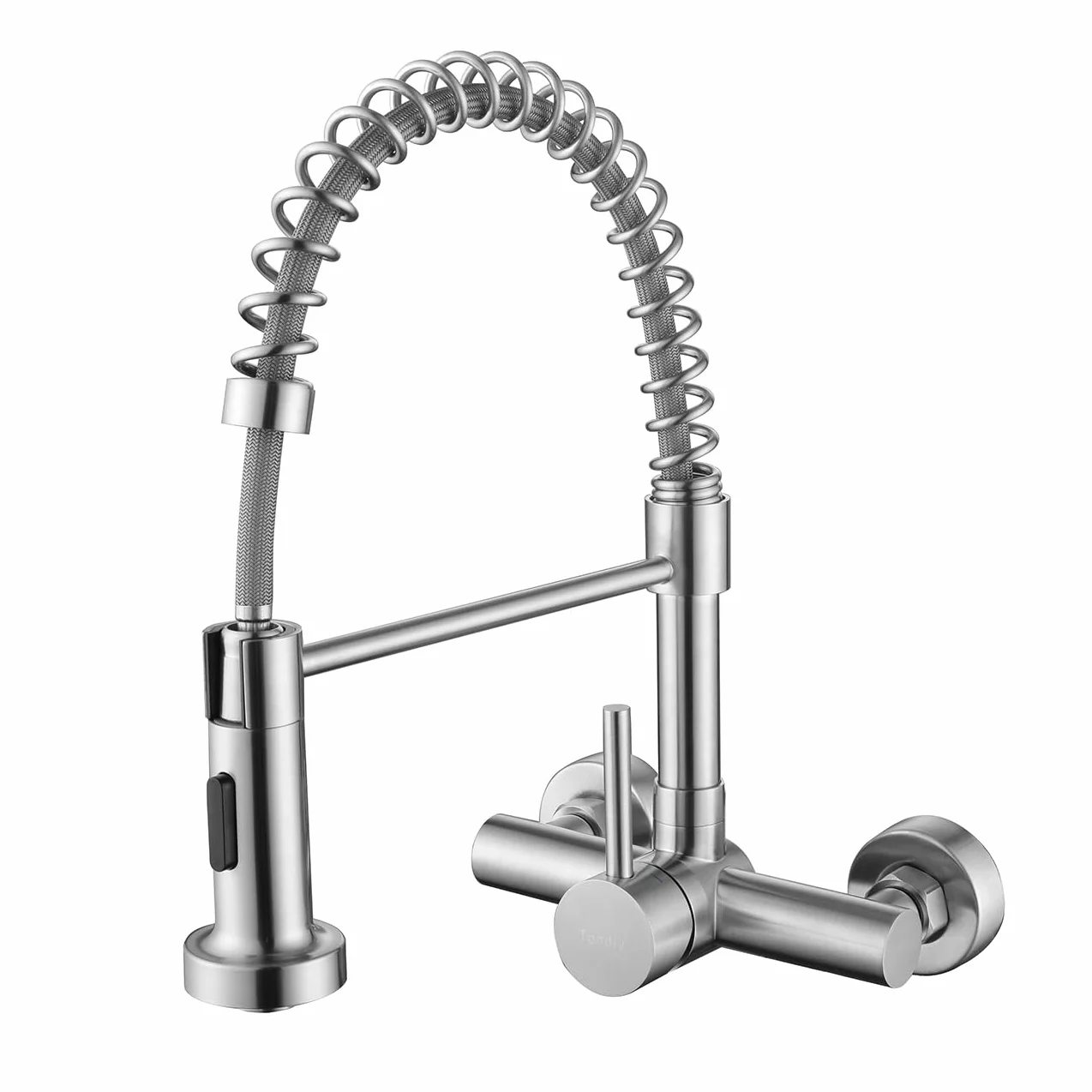 Küchenarmatur Wandmontage mit Herunterziehbare Brause, Hoch Gebogen Wandarmatur mit 2 Strahlarten, 360° drehbar Mischbatterie Wand Wasserhahn Küche aus Edelstahl, Matt