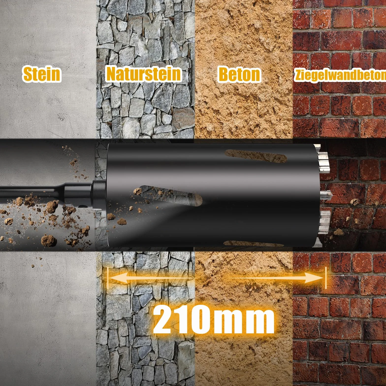 Bohrkrone 50mm Nutzlänge 200mm SDS Plus Schaft 220mm SDS max 220mm Sechskantschaft 110mm Zentrierbohrer 10x240mm für Mauerwerk