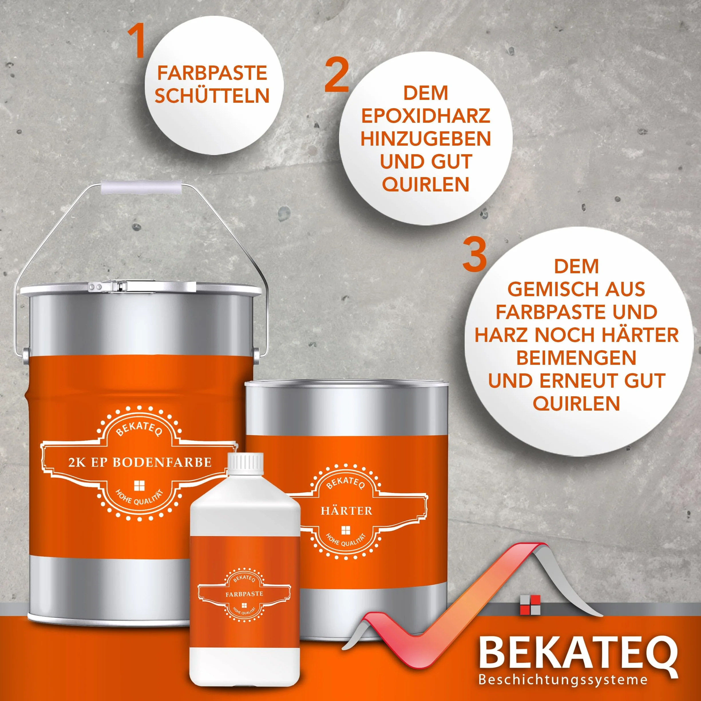 BEKATEQ 2K Epoxidharz in Lichtgrau 1kg für Balkon & Terrasse I Bodenfarbe UV-optimiert, Selbstentlüftend, Geruchsarm - Bodenbeschichtung zur Balkon-Abdichtung, Balkonfarbe wasserdicht BK-300EP