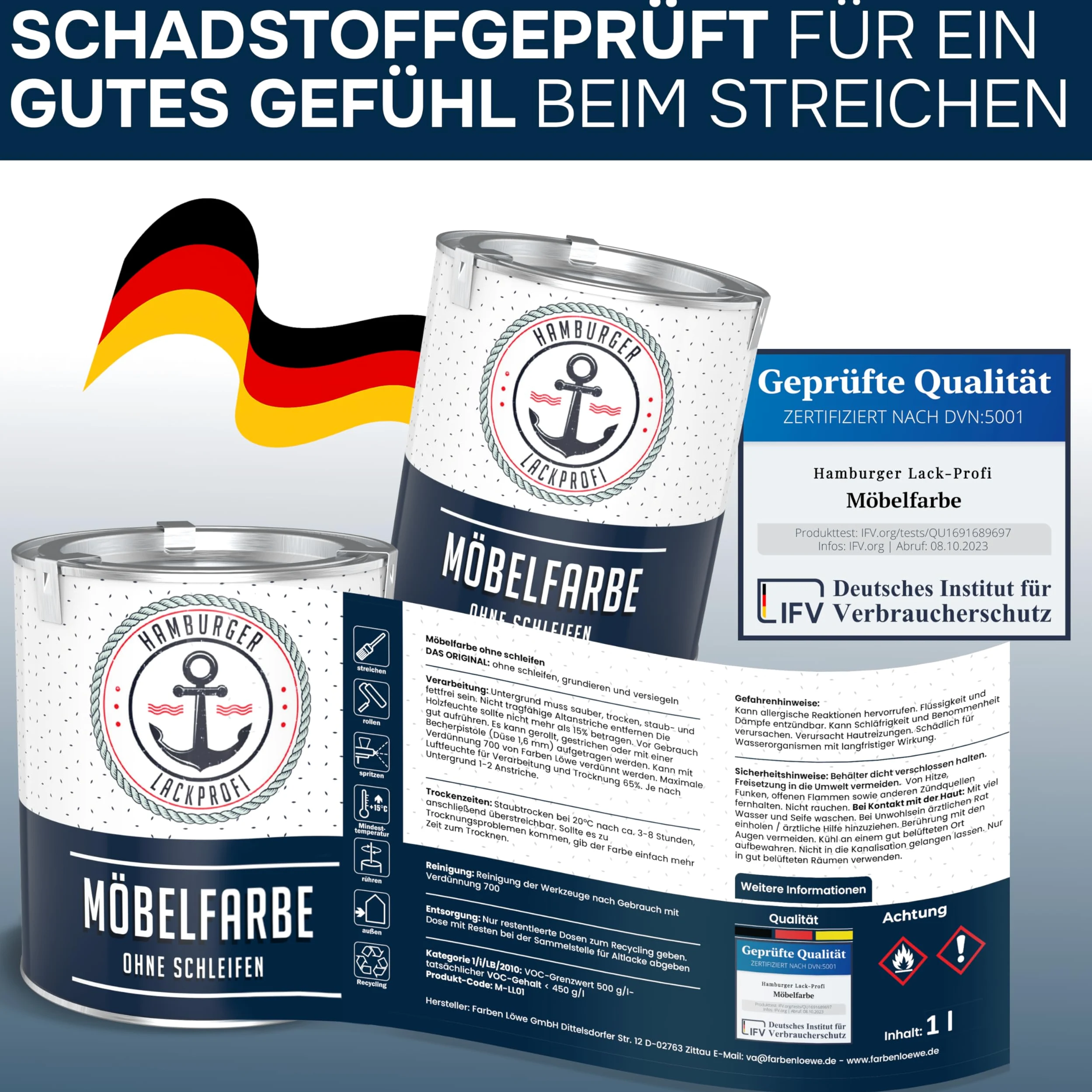 Hamburger Lack-Profi Möbelfarbe ohne Schleifen FARBAUSWAHL - GLANZAUSWAHL Möbellack Holz und Metall - für Innen & Außen (1 L)