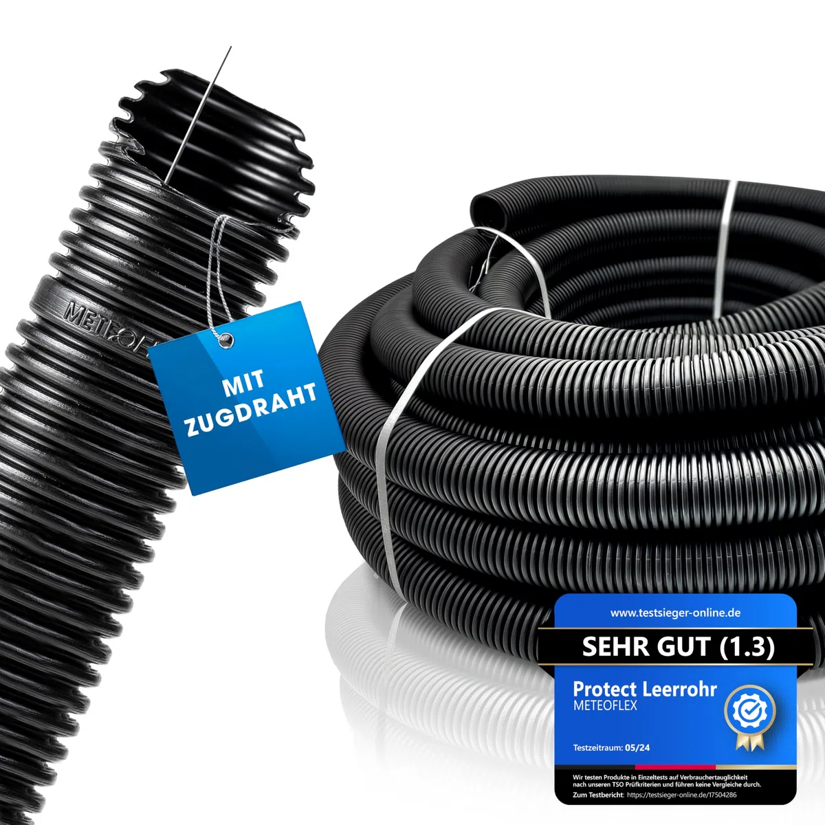 METEOFLEX PROTECT Leerrohr mit Zugdraht/Einzughilfe 750N M20 / M25 / M32 / M40 / M50 aus HDPE - Wellrohr für Erdreich, Erdverlegung, Außenbereich, Beton - hohe Druck- & Schlagfestigkeit (M32-25m)