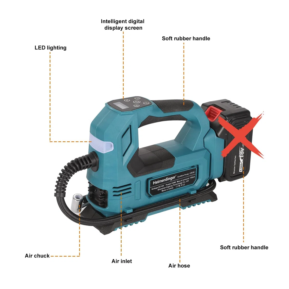 Akku Kompressor kompatibel mit Makita 18V Akku, Elektrischer Luftkompressor bis 10,34 bar, Tragbare Luftpumpe Dual-Power-Modus für Auto, Motorrad, Fahrrad (ohne Akku)