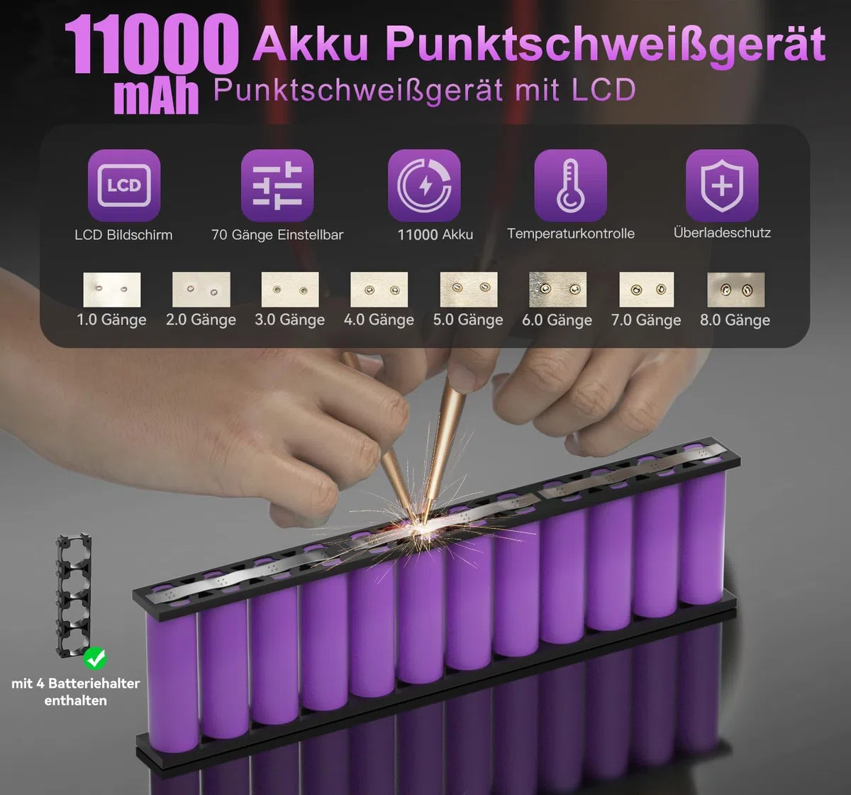 Akku-Punktschweißgerät, Kerpu Mini-Punktschweißgerät mit LCD-Bildschirm, 7500mAh Batterie 70-Gänge justierbar für Batterie-Plattenschweißen mit Long Spot-Schweißstift-5M Nickel-Streifen