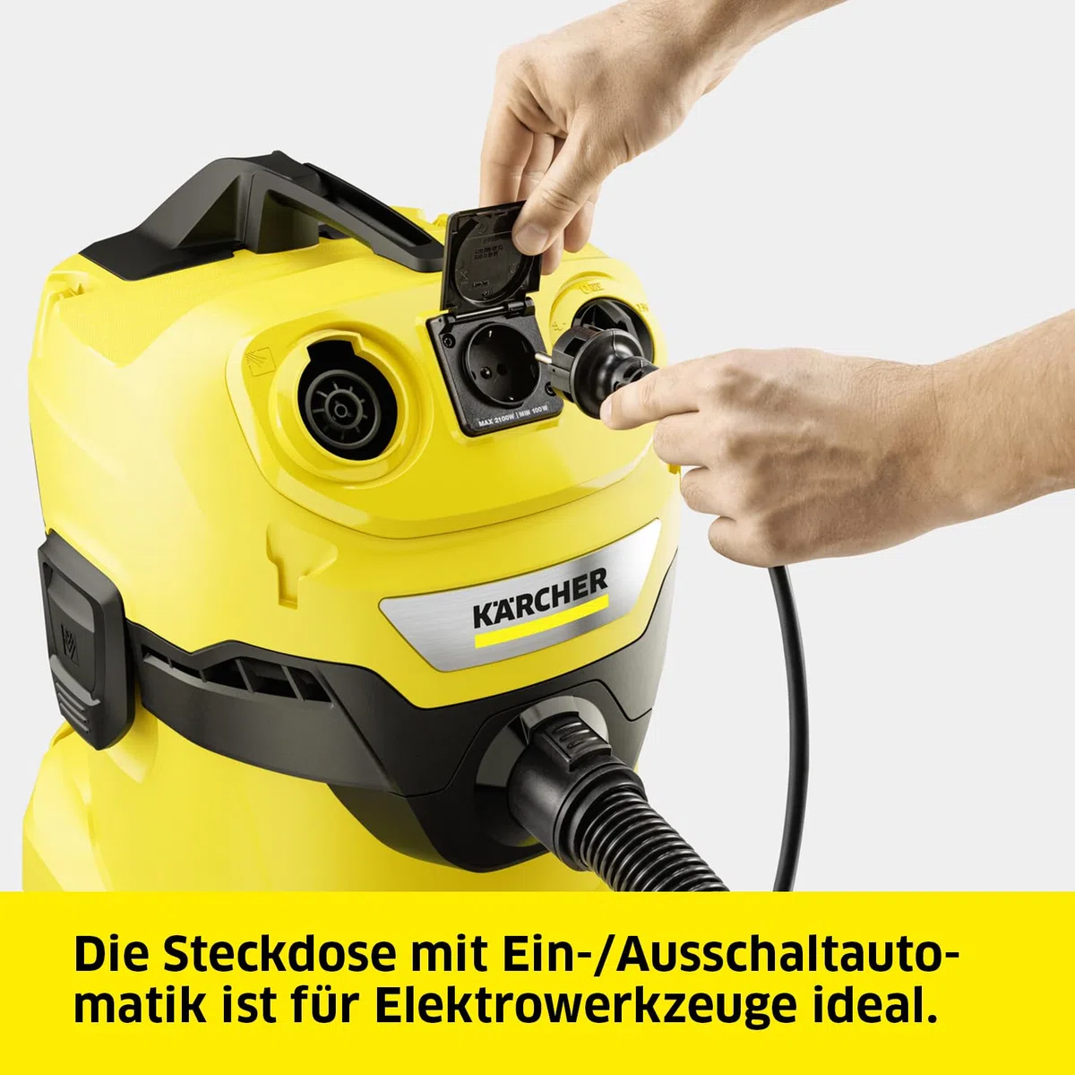 KÄRCHER WD 4 P V-20/5/22 Nass-& Trockensauger, Kunststoffbehälter, Gelb 5 m Kabel, 2,2 m Saugschlauch, mit Gerätesteckdose, Clips-Bodendüse, „Pull & Push“-Verschlusssystem, Gelb