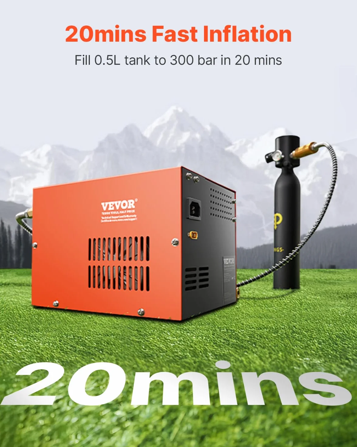 VEVOR PCP-Luftkompressor, 4500 PSI PCP-Luftgewehrkompressor mit eingebautem Konverter & Lüfterkühlsystem, DC12 V/AC230 V Kompressorpumpe mit manuellem Stopp für Luftgewehr, Paintball & Tauchflaschen