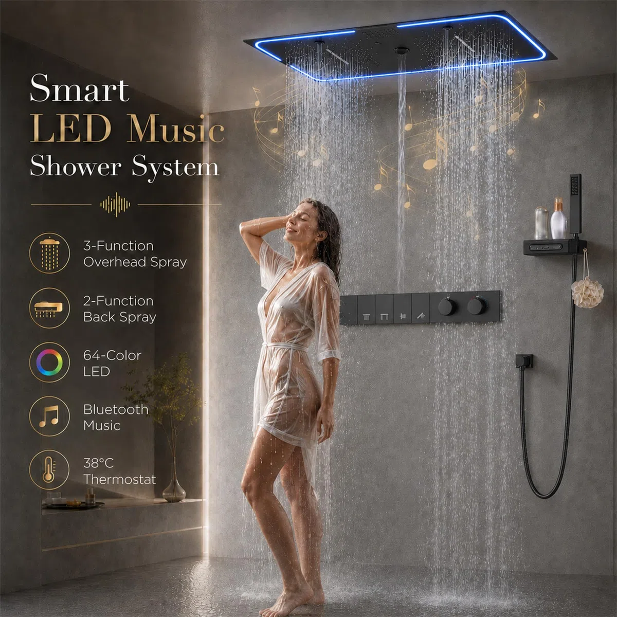 Unterputz Duschsystem mit Thermostat, 700 x 350 mm Deckenmontage Duschset mit 3 Strahl, LED Bluetooth Musik Duscharmatur Set für Bad mit 2 Funktionen Auslauf und Handbrause