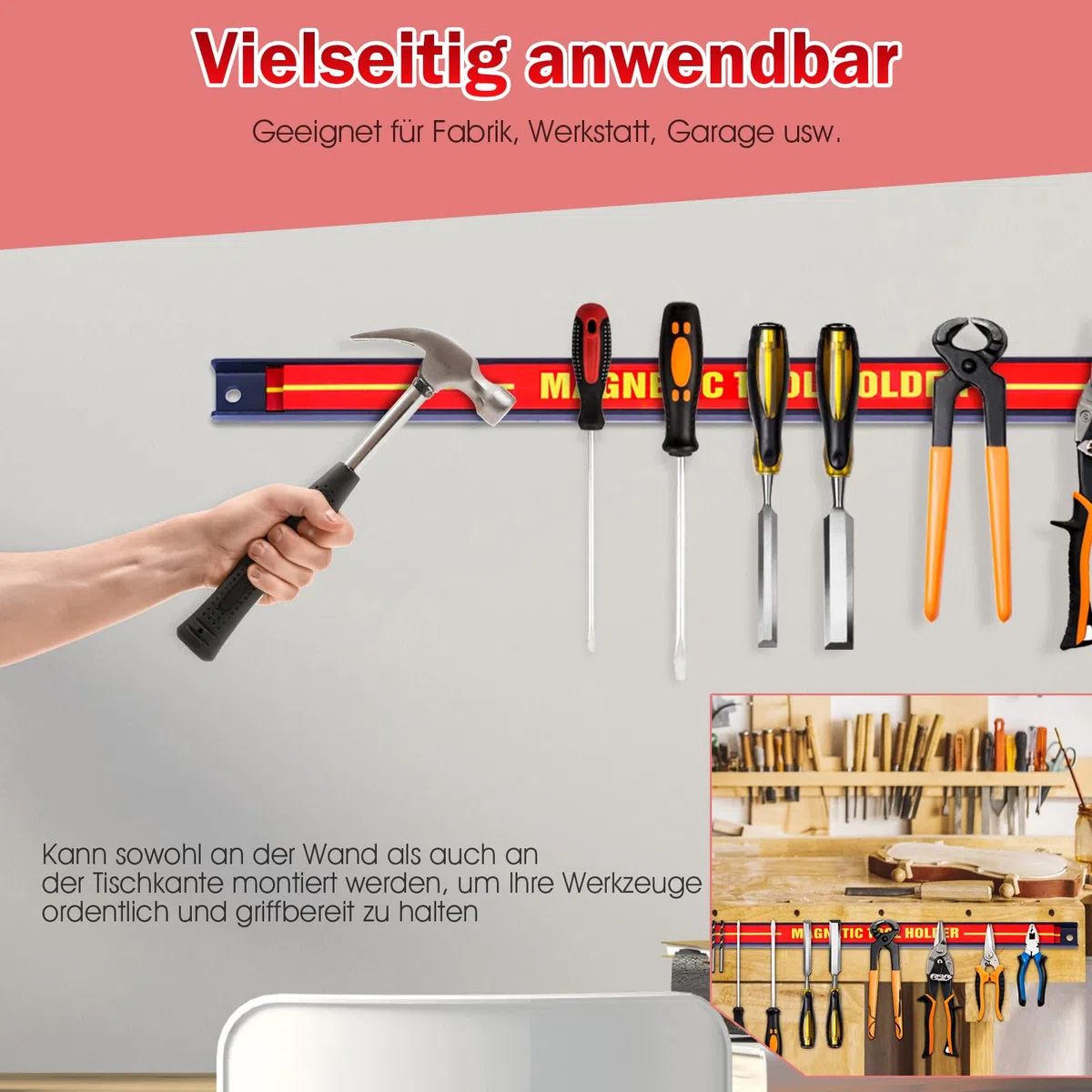 GYMAX Magnetschiene Werkzeug Set 46 cm 10 kg belastbar Magnethalter Werkzeug Organizer Wand Rot