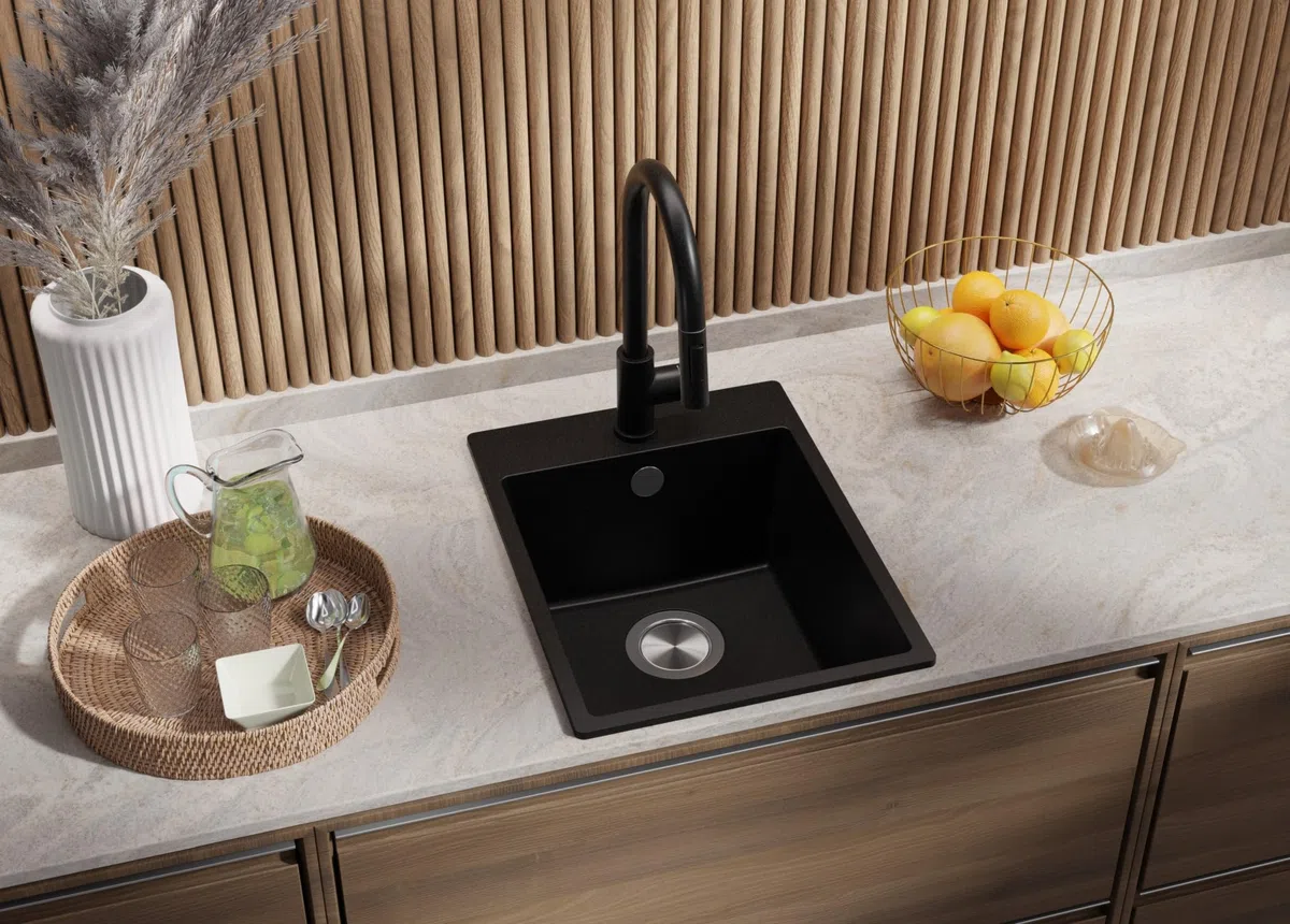 PRIMAGRAN Granitspüle Schwarz 38x50cm, Spülbecken 1 Becken + Küchenarmatur 32x20cm + Ablauf-Set, Küchenspüle ab 40er Unterschrank - Riga S045