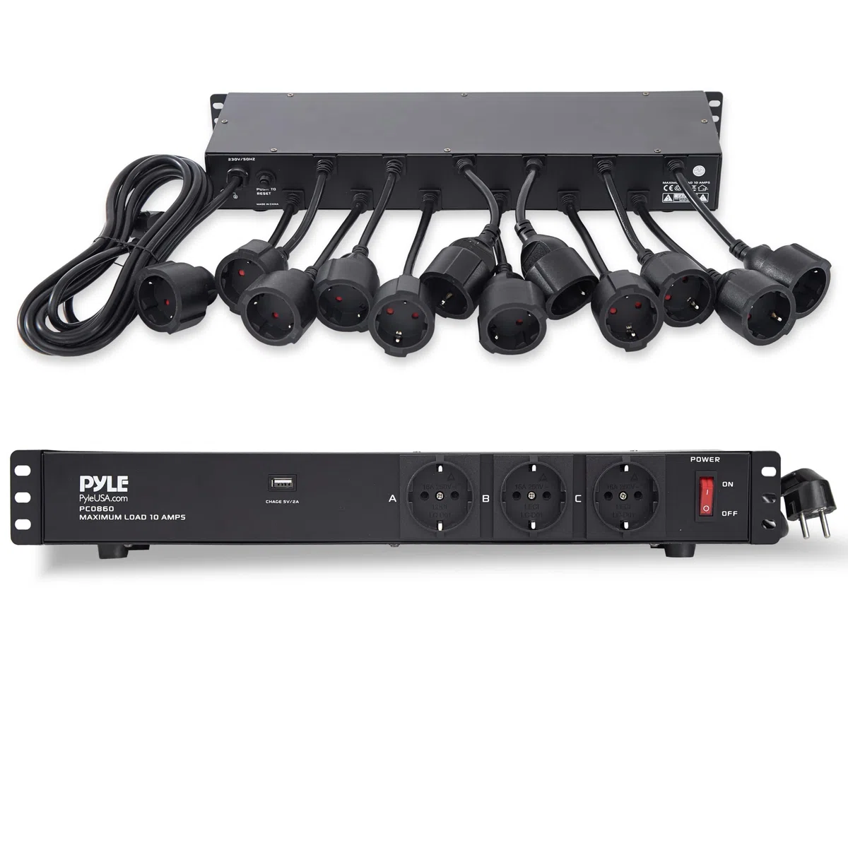 Pyle Steckdosenleiste, 15 Fach- Mehrfachsteckdose, 1U 19 Zoll Rack-Montage in Netzwerkschrank, USB Anschluss, 3,5m Kabel, Schaltbarer Verteilerleiste für Studio, Bühne, Werkstatt