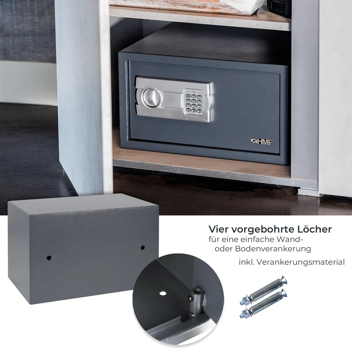 HMF Safe Tresor für Zuhause, Hotel oder Büro, Möbeltresor mit Zahlenschloss für DIN A5 Dokumente | 31 x 20 x 20 cm | Anthrazit