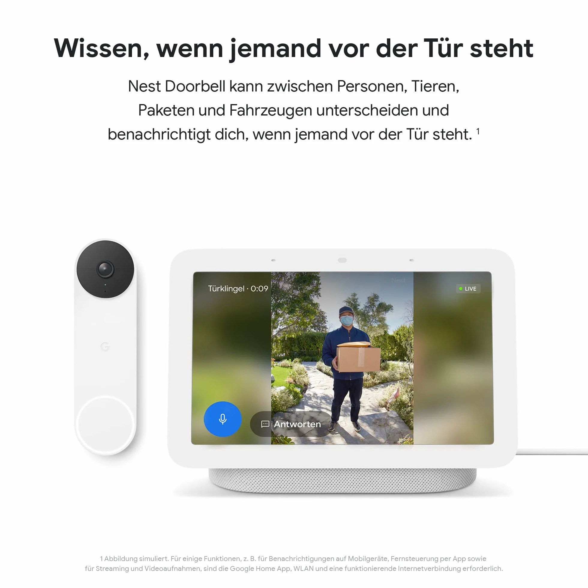 Google Nest Doorbell - akkubetriebene Türklingel mit Videofunktion, 960P, Schwarz/Weiß, 1 Stück (1er Pack)