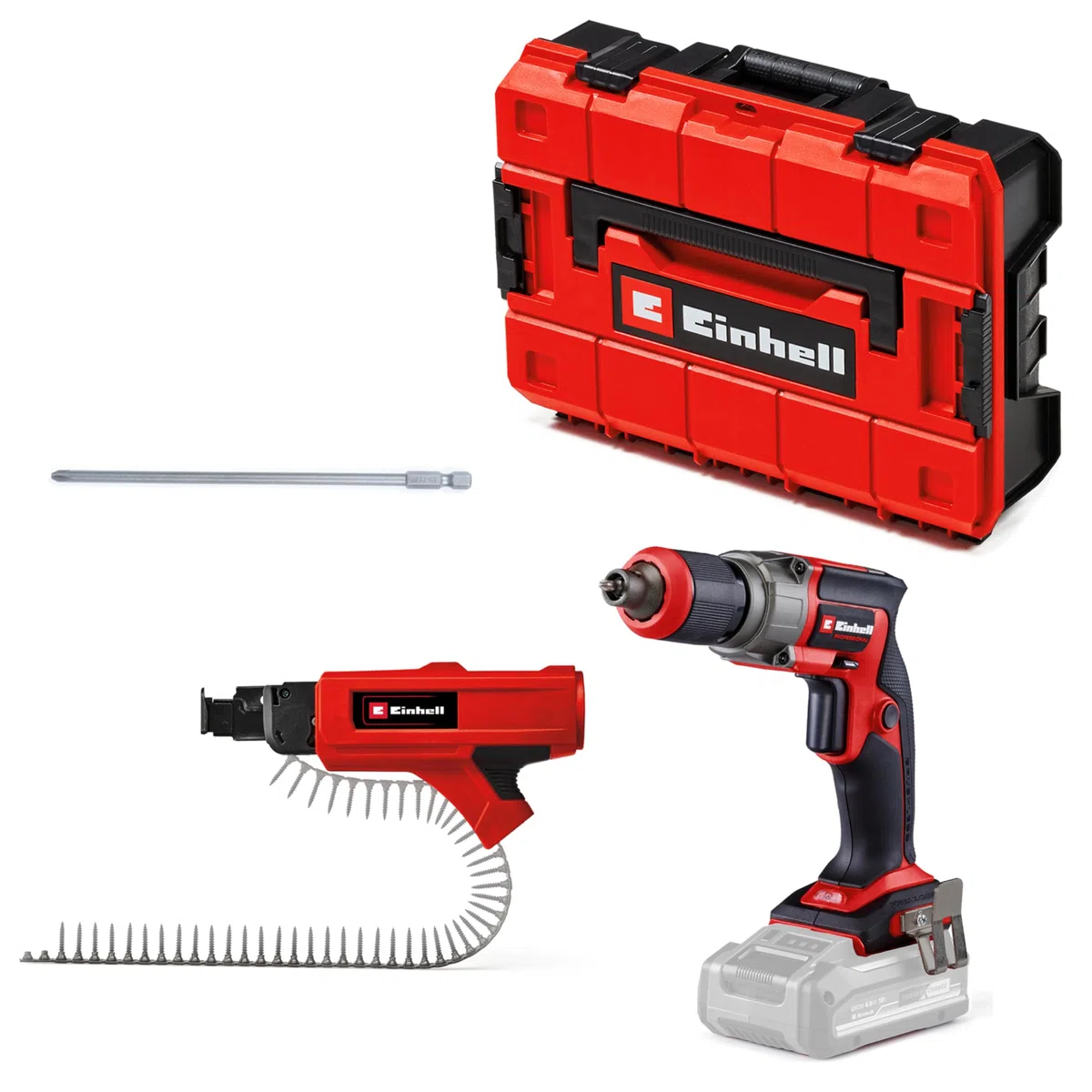 Einhell Professional Akku-Trockenbauschrauber TP-DY 18 Li BL + Magazine Power X-Change (18 V, Brushless, Tiefenanschlag, inkl. Magazinaufsatz, 2x Bit, E-Case, ohne Akku) Battery Powered, red