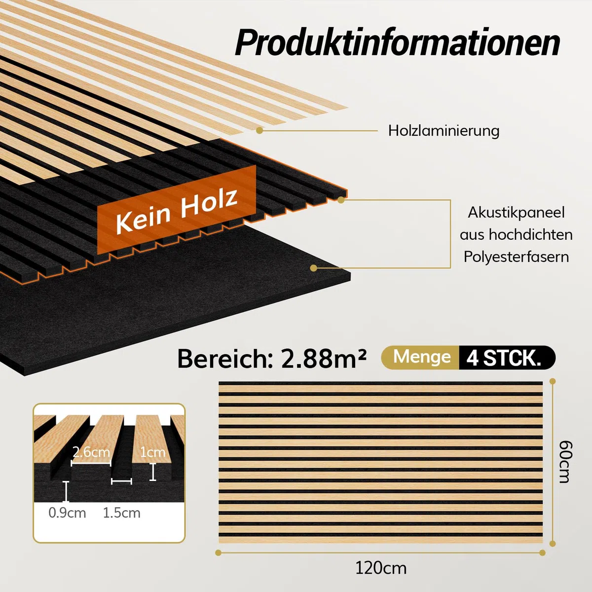 TONOR Holzfurnier Akustikpaneele selbstklebend,2,88m²-4 Stück 120x60x1,9cm 3D Wandpaneele Holzoptik, Akustik paneele für Akustische Behandlung und Wanddekoration, Wohnzimmer, Büro, Eiche