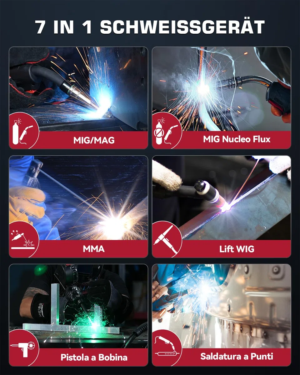 ARCCAPTAIN MIG MAG Schweißgerät 200 Ampere, 7 in 1 vollsynergisches Schweißgerät FLUX Fülldraht/MAG/MIG Schutzgas Schweißgerät/MMA/Lift TIG/Unterstützung Spool Gun/Punktschweißen, IGBT Inverter230V