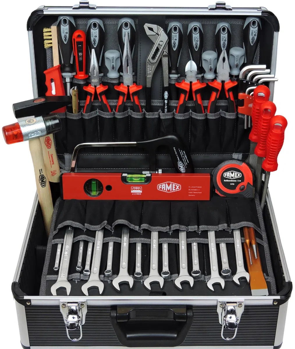 FAMEX 440-93 Profi Werkzeugkoffer gefüllt mit Werkzeug Set, viele Werkzeuge Made in Germany - ERWEITERBAR - Werkzeugkasten, Werkzeugkiste, groß, robust, abschließbar, Kapazität 24kg