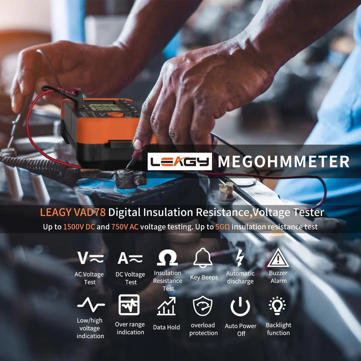 LEAGY VAD78 Digitales Isolationswiderstandsmessgerät - Präzisions-Megohmmeter für Gleich-/Wechselspannungsprüfung (20-1500V, 20-750V) und Widerstandsmessung (0-5000 Megohm)