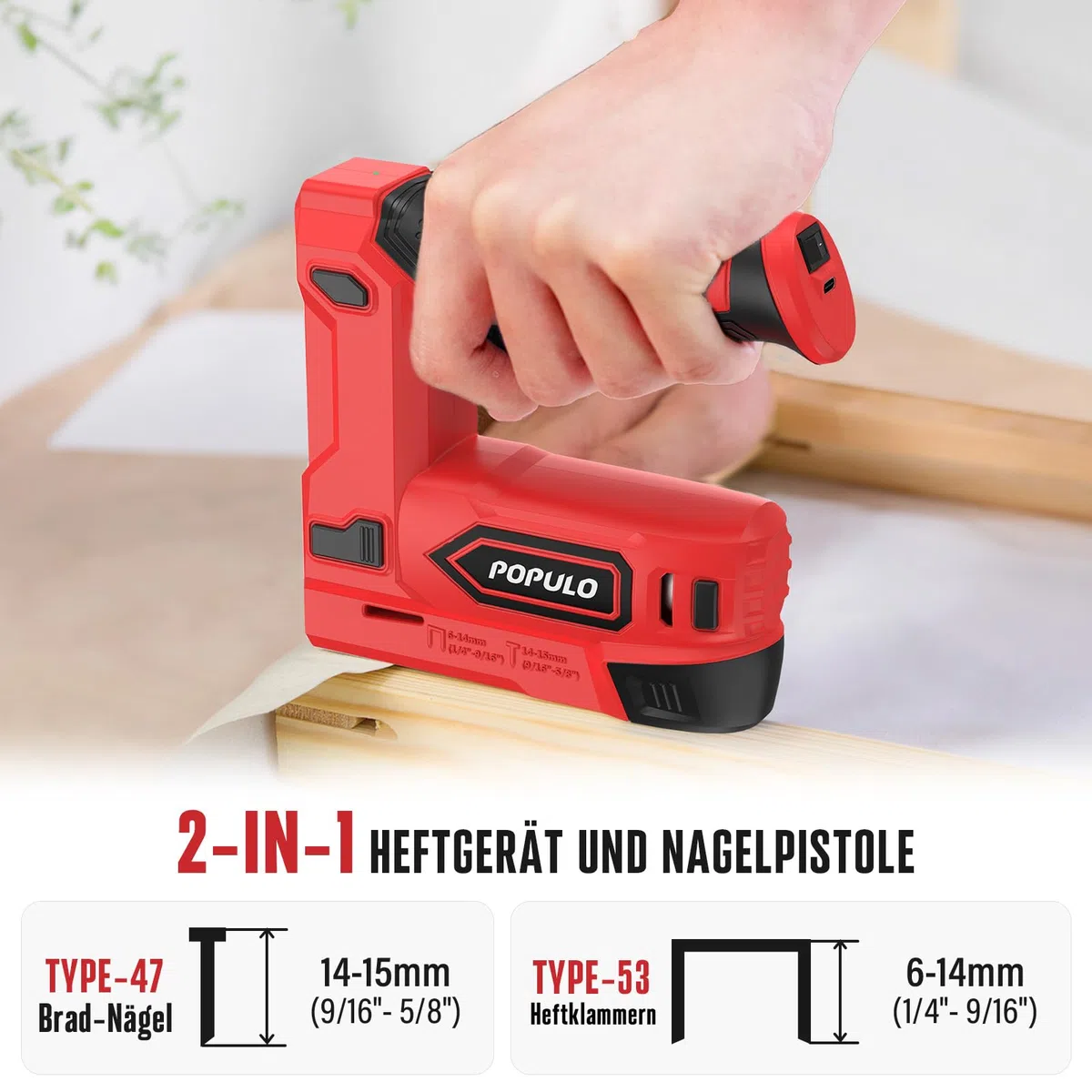 POPULO Akku Tacker, 2-in-1 Lithium-Ionen-Heftgerät, 4V Nagelgerät Set Mit Ladekabel, 1600 Heftklammern & Nägel, Power-Tacker für Bastelarbeiten, DIY und Polsterarbeiten
