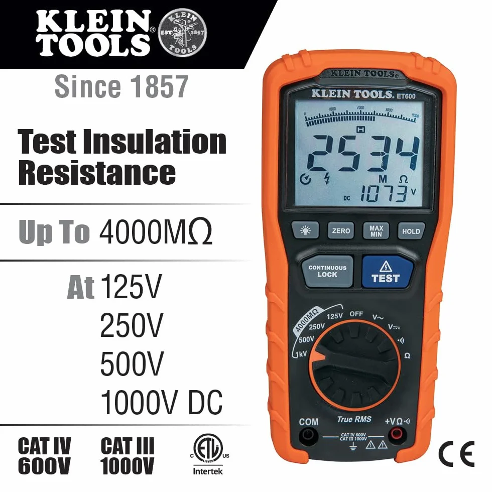 Klein Tools ET600 Isolationsprüfgerät | Bis 4000 MΩ | 125 V 250 V 500 V und 1000 V Prüfspannung | TRMS | CAT IV 600 V CAT III 1000 V