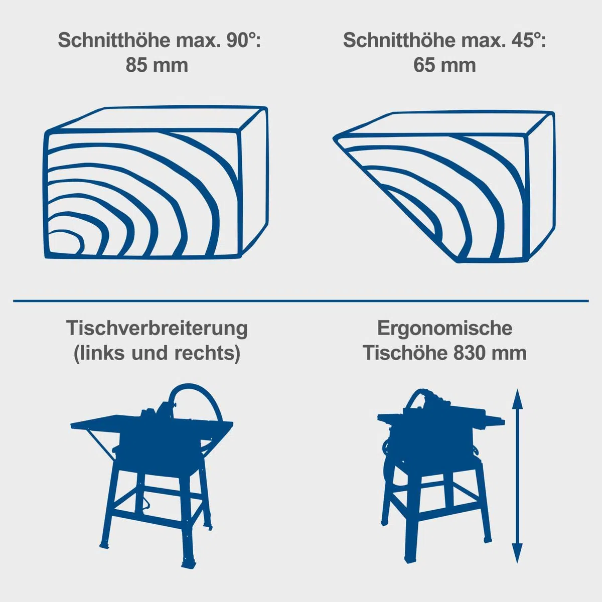 Scheppach Tischkreissäge HS100S | 230V 2000W | Schnitthöhe 85mm | Sägeblatt Ø 250mm | inkl. Tischverbreiterungen und Untergestell | Tischgröße mit Verbreiterung 642 x 940 mm | inkl. 2. Sägeblatt