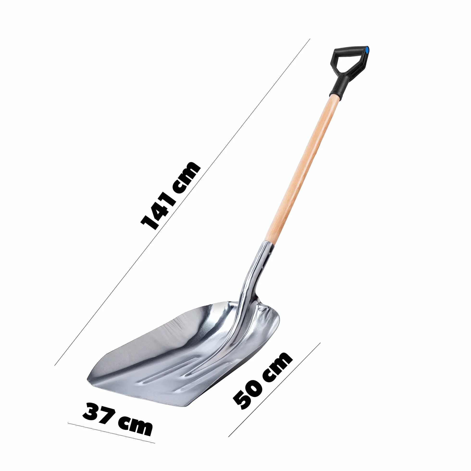 KADAX Schaufel, Sandschaufel mit langem Stiel aus Holz, Spaten mit D-Griff, Schneeschaufel, Gartenspaten mit abgerundeten Rändern, Erdschaufel (Aluminium)