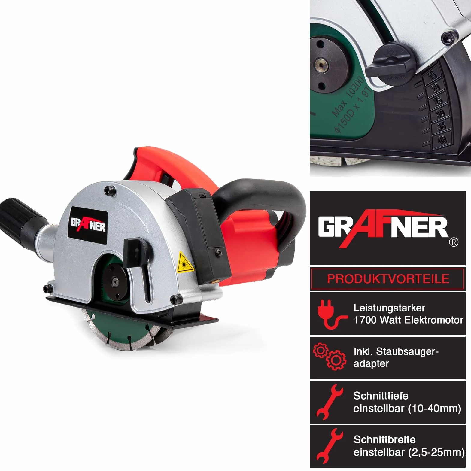 Grafner Mauernutfräse mit Laser, kraftvolle 1700 Watt mit 4000 U/min, incl. 2x Ø 150 mm Diamant-Trennscheiben, Staubabsaugung, Nutbreite 14-29mm, Nuttiefe 10-40mm, Mauerfräse Schlitzfräse