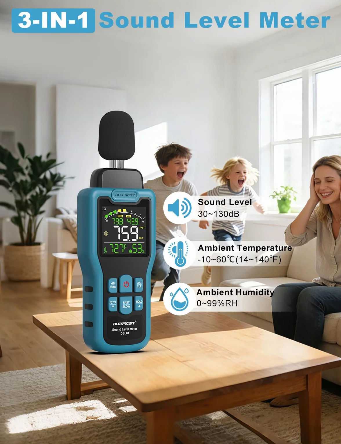 Dezibel Messgerät, DURFICST Schallpegelmessgerät mit Temperatur- und Feuchtigkeitsanzeige, 30–130dB, DB Messgerät mit LCD-Farbdisplay, AC-Bewertung, dB/SONE-Einheit, Schnelle/Langsame Ansprechzeit