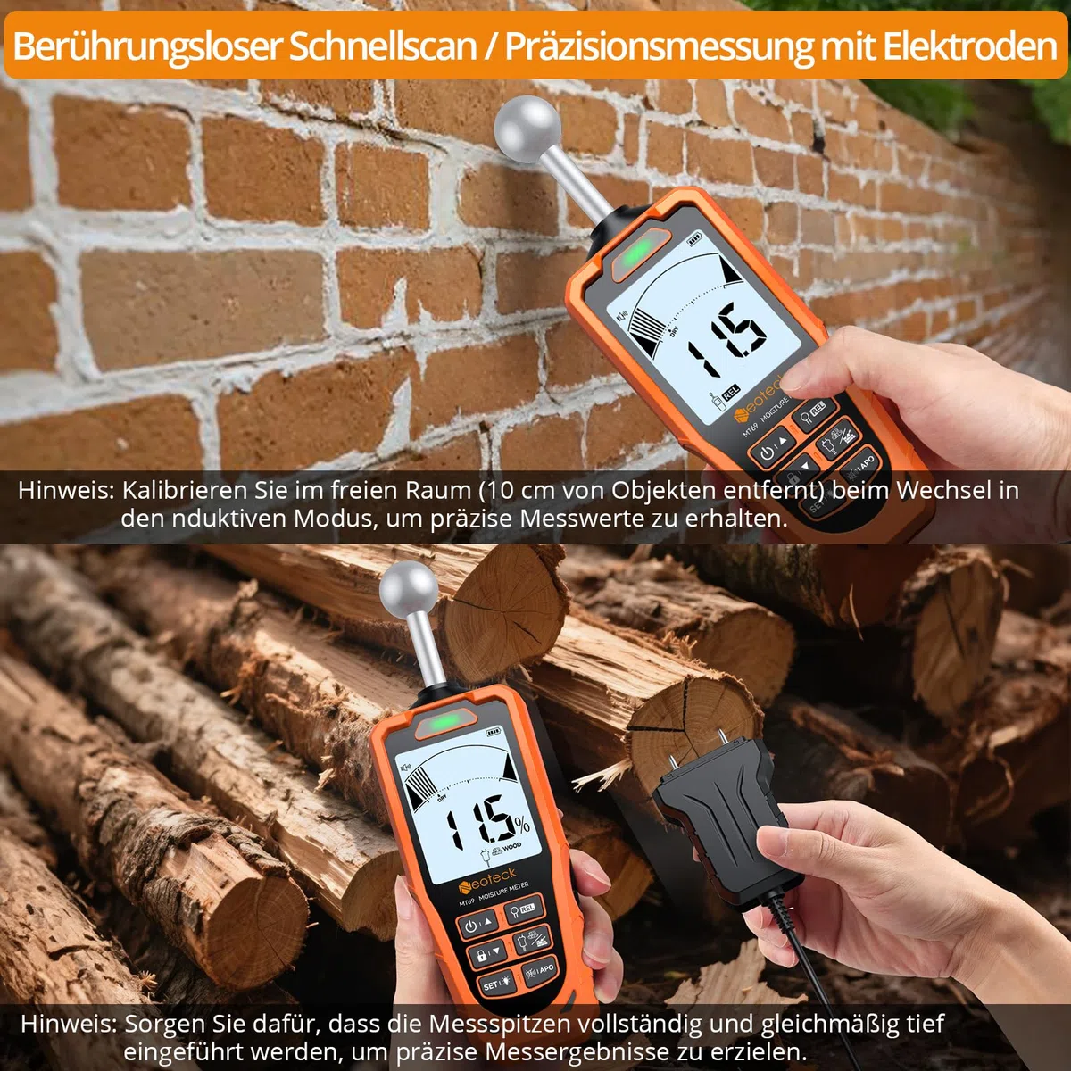 Neoteck Feuchtigkeitsmessgerät Pin&Pinless 2-in-1 Dual-Sonden mit LCD und akustischem Alarm