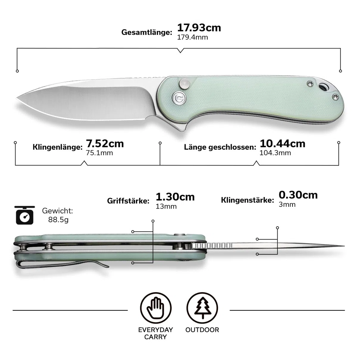 CIVIVI Elementum II Klappmesser mit 7,51 cm Nitro-V-Klinge und naturfarbenem G-10-Griff, Outdoor-Messer mit Clip (C18062P-2)