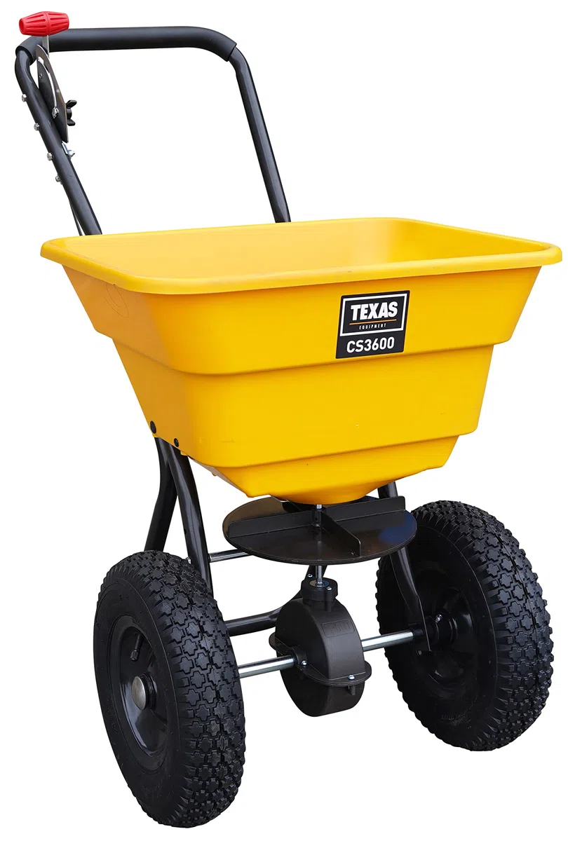 Texas Profi Streuwagen CS 3600 Rasendünger Salz Winter Düngerstreuer Rasen Saatgut | 36 Liter | 2m Streubreite | leichtläufige Lufträder | verstellbare Dosierung | schwarz-gelb | sehr robust