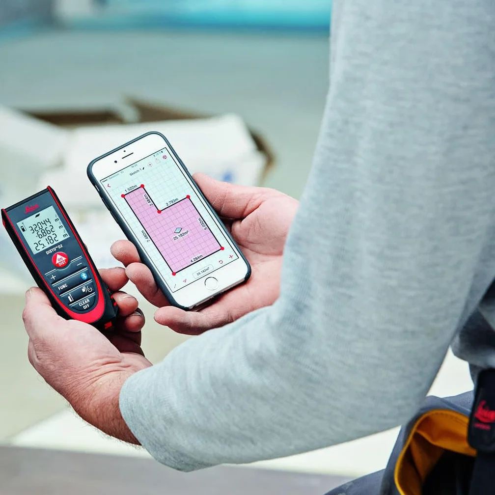 Leica DISTO D2 – funktioneller Laser Entfernungsmesser mit Bluetooth (App-Nutzung) für Distanz-, Flächen- und Volumenmessungen (Innenbereich & automatische Endstückerkennung)