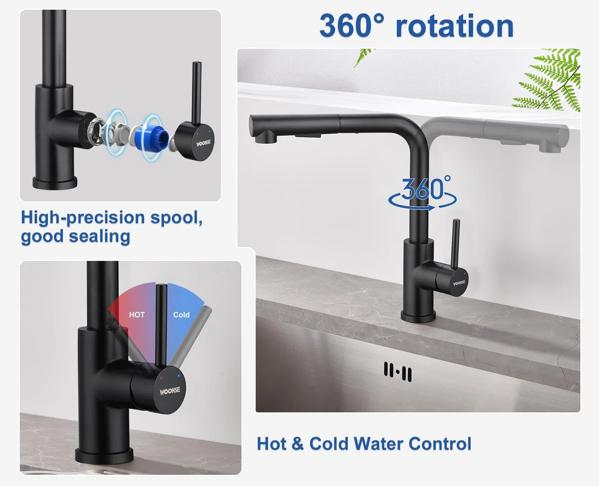 Niederdruck Armatur Küche Ausziehbar, WOOHSE Wasserhahn Küche Schwarz mit Brause 2 Strahl, 360° Drehbar Küchenarmatur Niederdruck Wasserhahn mit 3 Anschlüsse für Boiler, Spültischarmatur aus Edelstahl