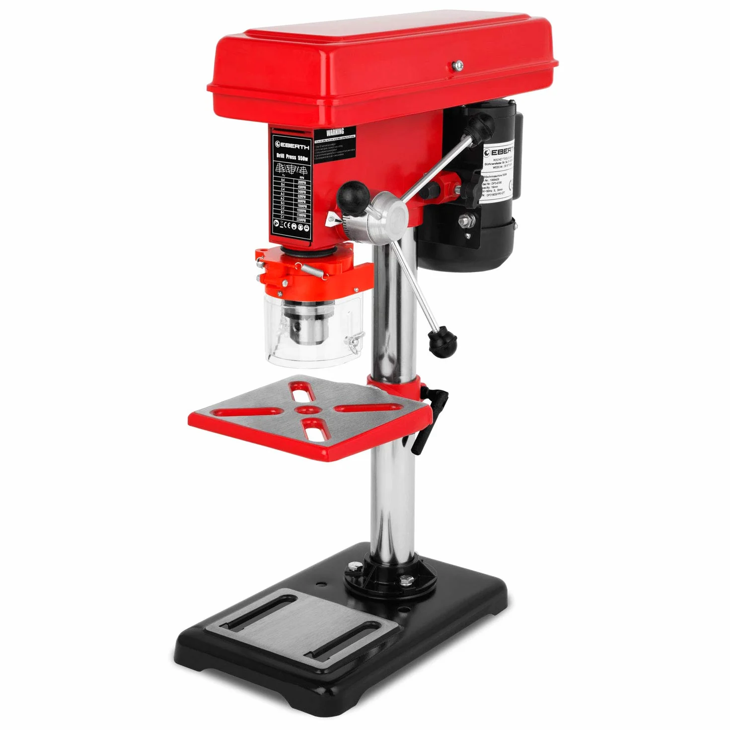 EBERTH Tischbohrmaschine 550 Watt, 50mm Spindelhub, 9 Geschwindigkeiten max. 2350U/Min, Standbohrmaschine mit Bohrfutter Ø3-16mm, Ständerbohrmaschine, Säulenbohrmaschine, Bohrtisch neigbar schwenkbar