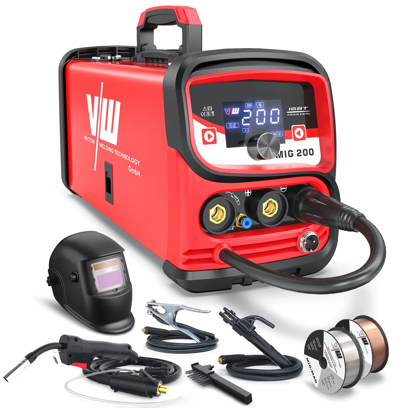VECTOR WELDING MIG Schweißgerät 200 A Set, Fülldraht Schweissgerät, Elektrodenschweißgerät mit Digitales Display Leistungsstark für vielseitiges MIG, MAG und MMA Schweißen