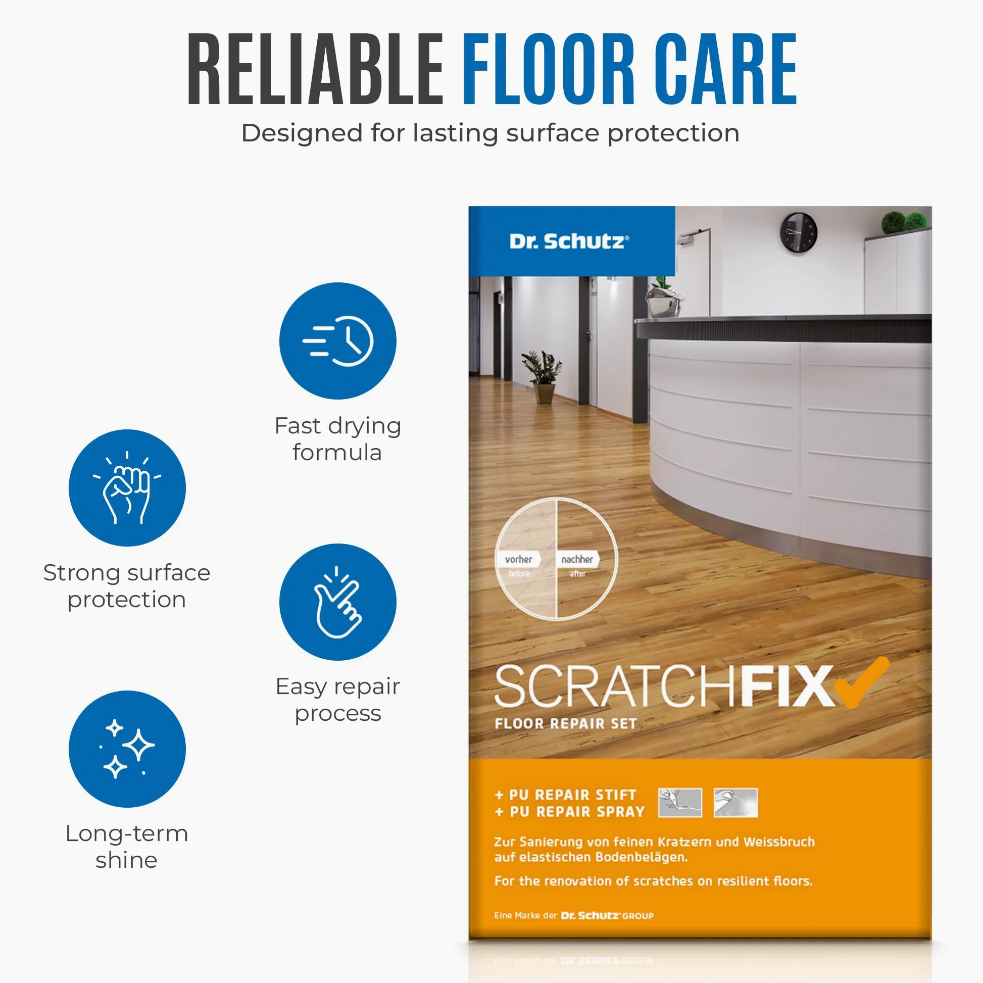 Dr. Schutz SCRATCHFIX Floor Repair Set | Reparatur Set für Hartböden, Designböden aus Vinyl, PVC, CV, Linoleum | entfernt Kratzer mit Repair Stift und Spray | PVC Reparaturset | Vinyl Reparaturset