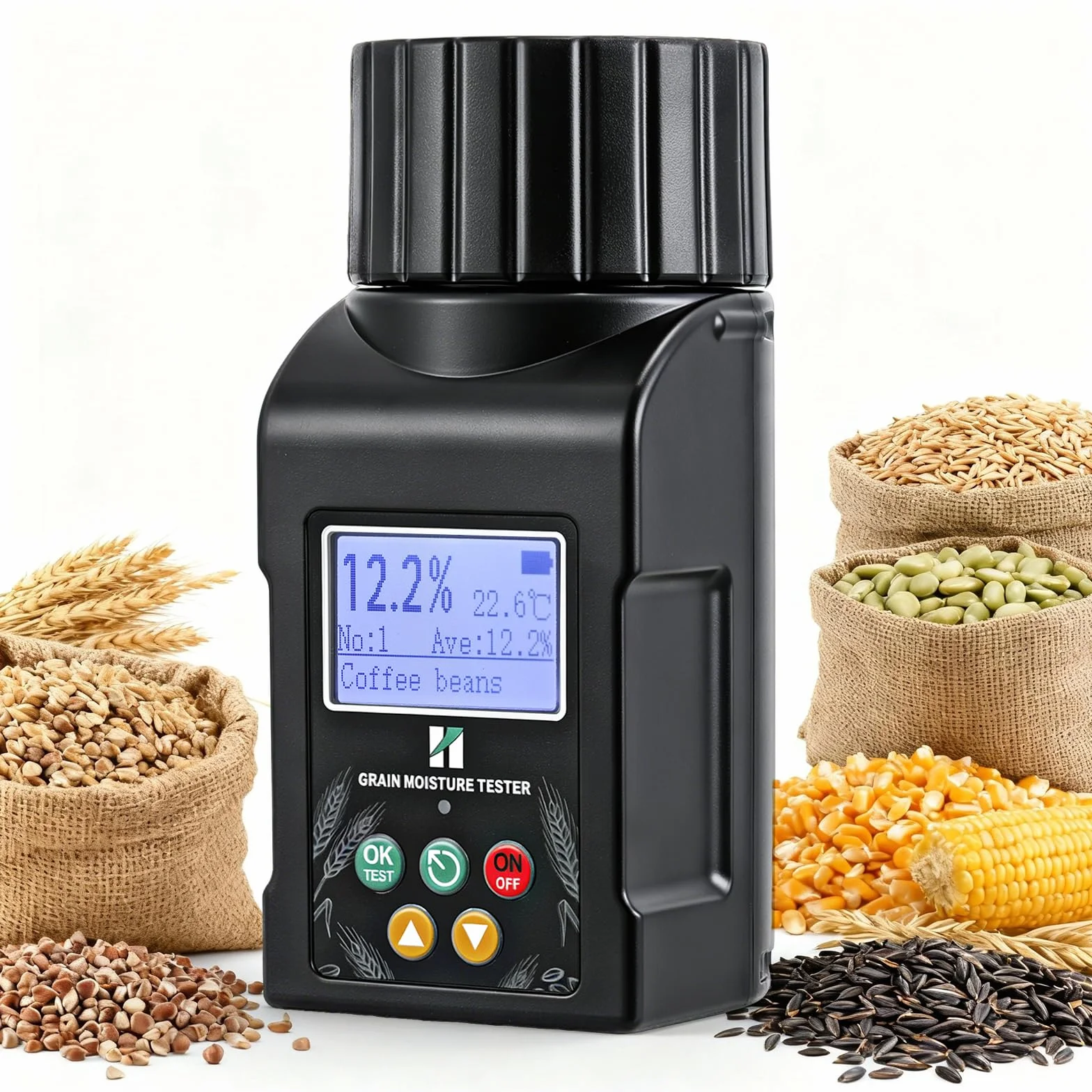 Huanyu Getreide Feuchtigkeitsmessgerät Grain Moisture Meter für 40 Sorten, ±0.5% Genauigkeit, Feuchtigkeitsmesser mit 14 Sprachen inkl. Deutsch, Temperaturkompensation, für Weizen, Rohkaffee und mehr