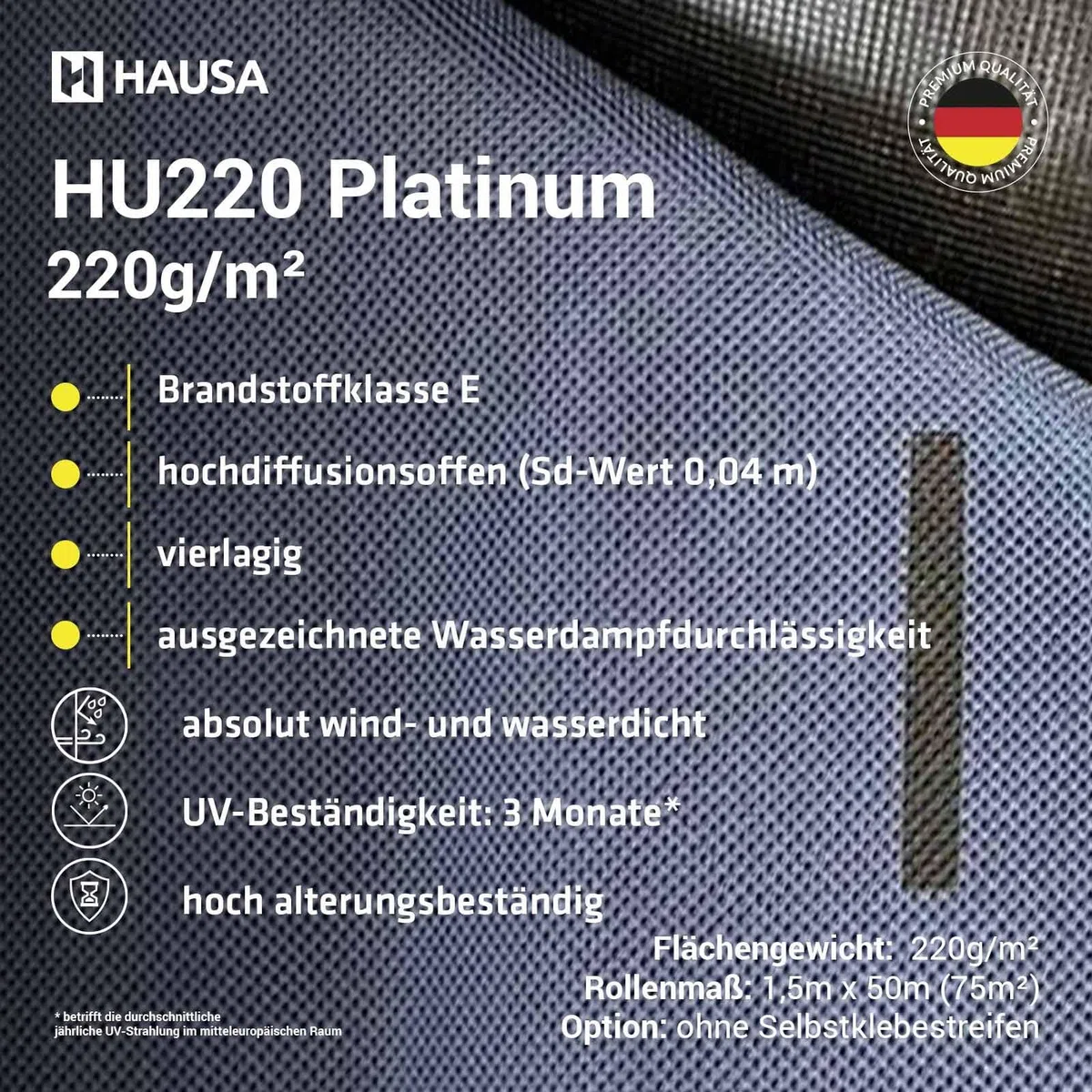 HAUSA Unterspannbahn 220g/m² dunkelblau 37,5m² (1,5m x 25m) Unterdeckbahn Platinum HU220 Dachfolie ohne Klebestreifen hochdiffusionsoffen wasserdicht Schalungsbahn Dach reißfest schlagregensicher