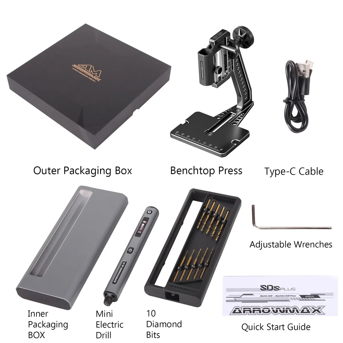 5-Gang-Elektro-Mini-Bohrstift mit Igel-Tischpresse, ARROWMAX 10 kleine Bohrer mit Aluminiumbox, OLED-Display, LED-Leuchten, 3/32 Zoll Schnellspannbohrfutter (SDS ULTRA PlUS)