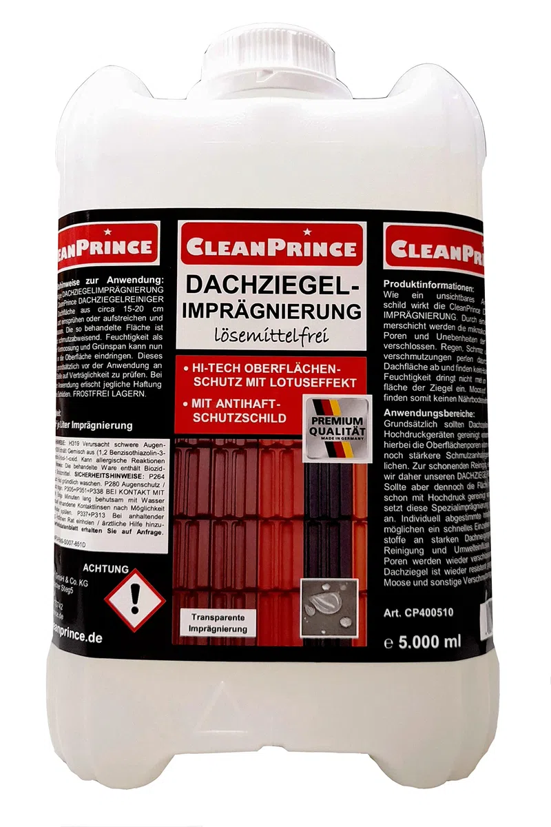 CleanPrince 5 Liter Dachziegelimprägnierung Dachziegel-Imprägnierung Dachimprägnierung Dachversiegelung lösemittelfrei Versiegelung Schutz Ziegel Dachziegelschutz Schutzanstrich