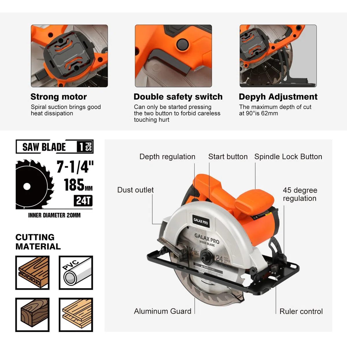 GALAX PRO Kreissäge, 1400W Maximale 6000RPM, Einstellbare Schnitttiefe und -winkel: 62 mm (90°) - 48 mm (45°), Sägeblatt-Ø: 185mm, für Holz, Weichmetall, Plastik, PVC