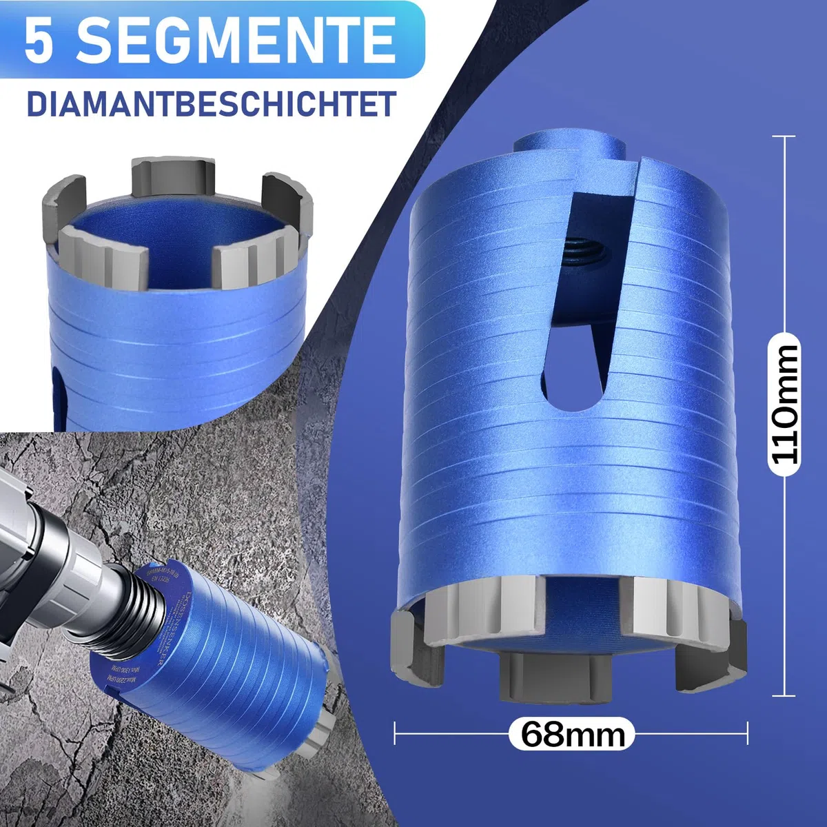 M16 Diamant Dosensenker Turbo Dosenbohrer 68 mm mit SDS PLUS Bohrkrone, 5 Diamantsegmente, Nutzlänge 70mm, Steckdosenbohrer Kronenbohrer Lochbohrer Lochsäge für Mauerwerk Kalksandstein Ziegel Putz etc