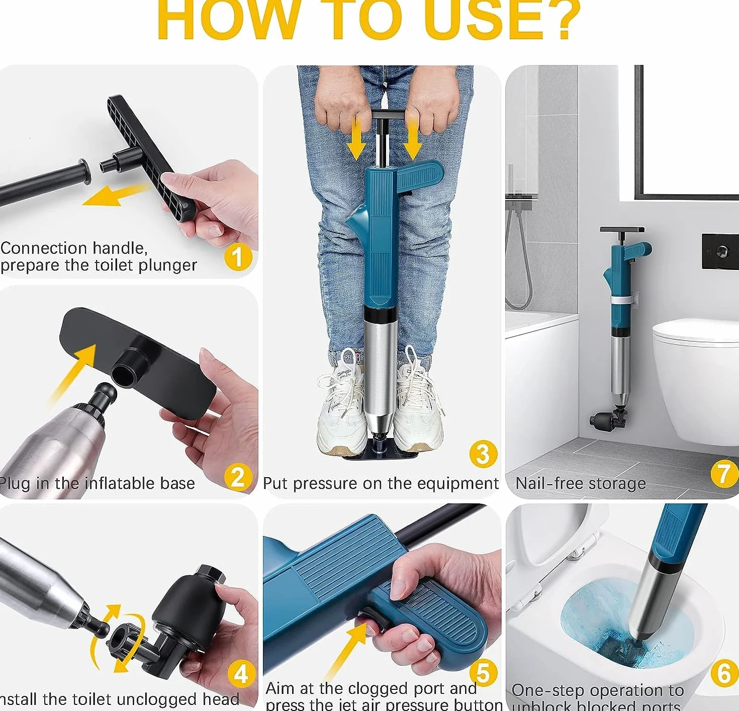 Rohrreiniger Druckluft, Pressluft rohrreiniger, toilette verstopft,rohrreinigungspumpe,WC abflussreiniger pumpe 4 in 1 Drucktoiletten-Entstörer für Toilette/Waschbecken/Badewanne