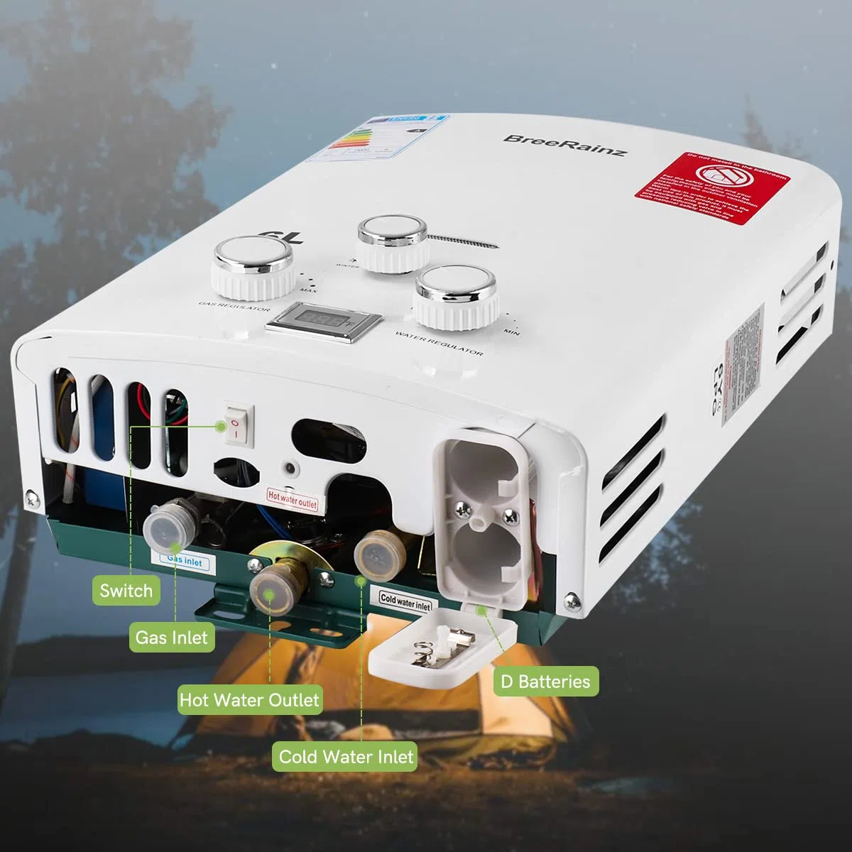 LPG Propan Butan Gas Durchlauferhitzer 6L 12KW, Gasdurchlauferhitzer mit Tragbarem Griff für Outdoor, Wohnmobil, Camping und Kabine, Weiß