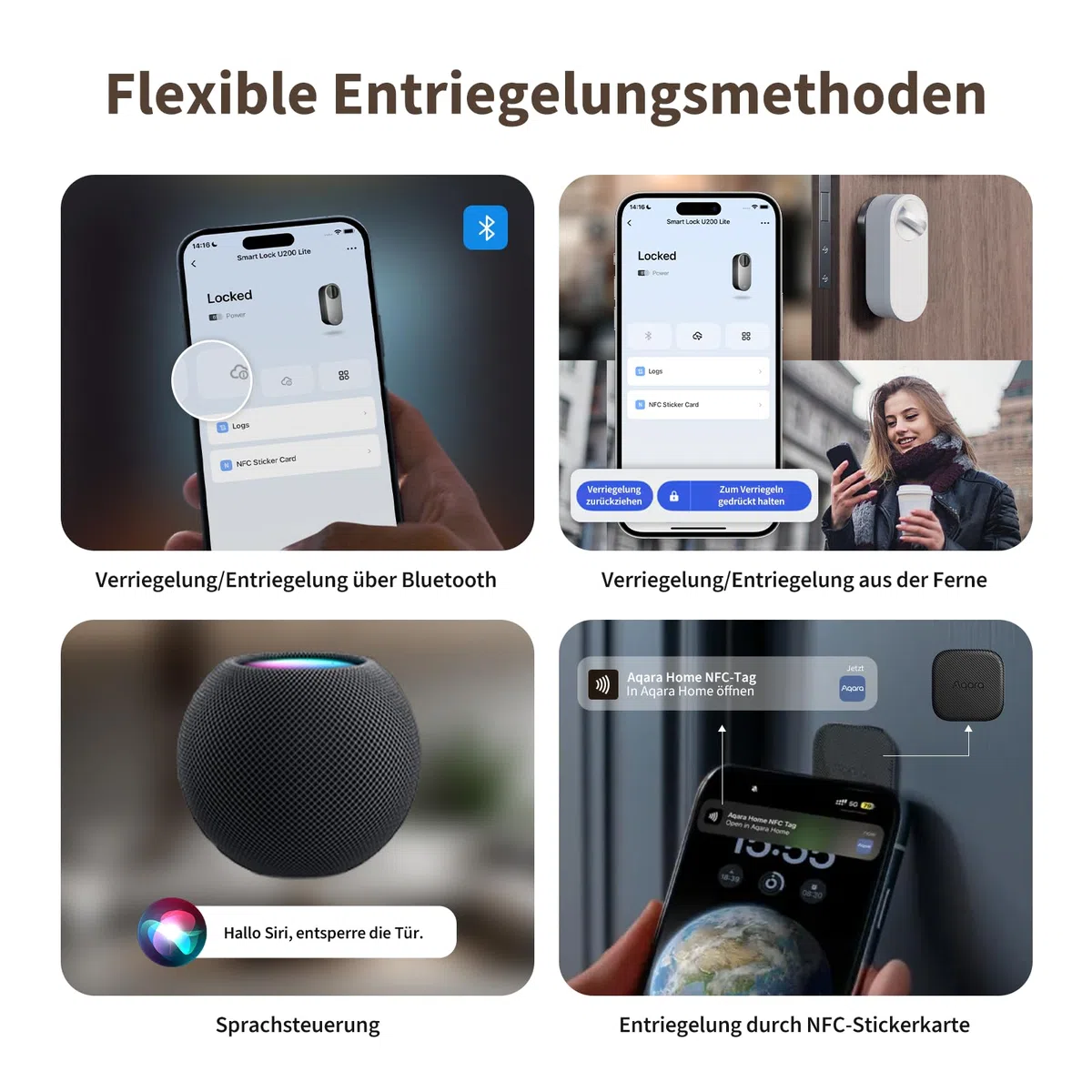 Aqara Smart Lock U200 Lite, Matter over Thread, Smartes Türschloss mit Aufladbarem Akku und Leiser Modus, Elektrisches Türschloss, Unterstützt Apple Home, Home Assistant, Google Home, Alexa, Schwarz