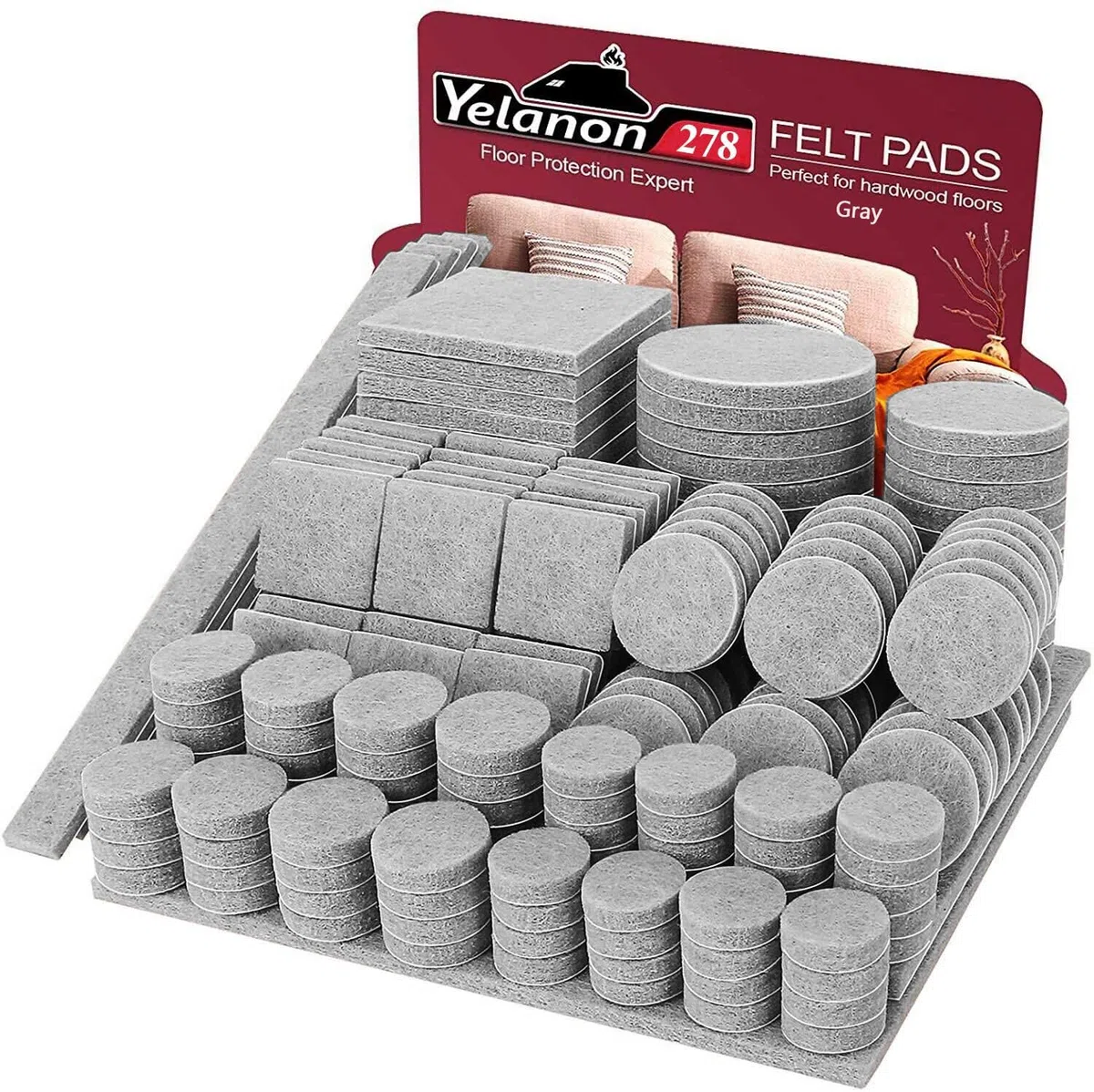 Yelanon Filzgleiter selbstklebend 278 Stück, Schneidbarer Filz für,Kratzfeste Möbelgleiter für Stühlemöbelgleiter,Möbelgleiter,Chair Leg Floor Protectors,Grau