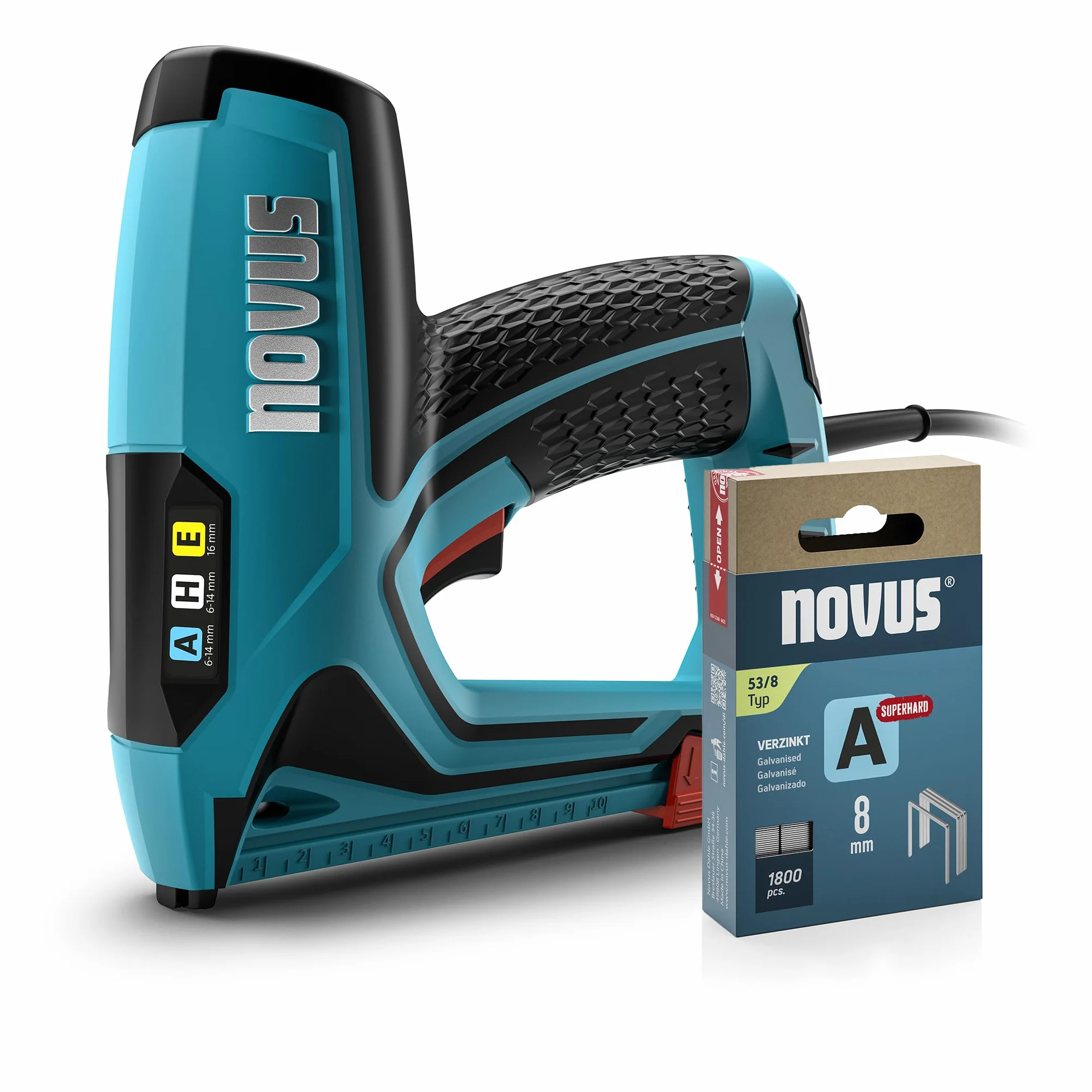 NOVUS TOOLS Elektrotacker J-150 Set mit 1800 Klammern │ Profi-Tacker und Nagelpistole mit Schlagkraftregulierung, Distanzanschlag und Unterlademechanik │ Für Feindrahtklammern 6-14 mm und Nägel 16 mm